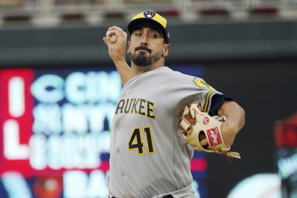 Milwaukee Brewers pitcher Jason Alexander throws to a Minnesota Twins batter during the first inning of a baseball game Tuesday, July 12, 2022, in Minneapolis. (AP Photo/Jim Mone)