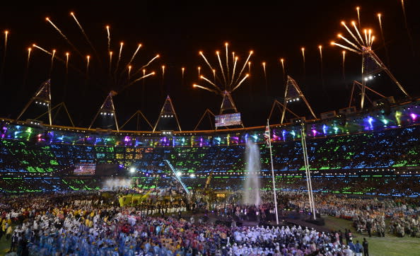 Fireworks light up the sky above the arena during the closing ceremony of the London 2012 Paralympic Games at the Olympic Stadium in east London on September 9, 2012. AFP PHOTO / ADRIAN DENNIS (Photo credit should read ADRIAN DENNIS/AFP/GettyImages)