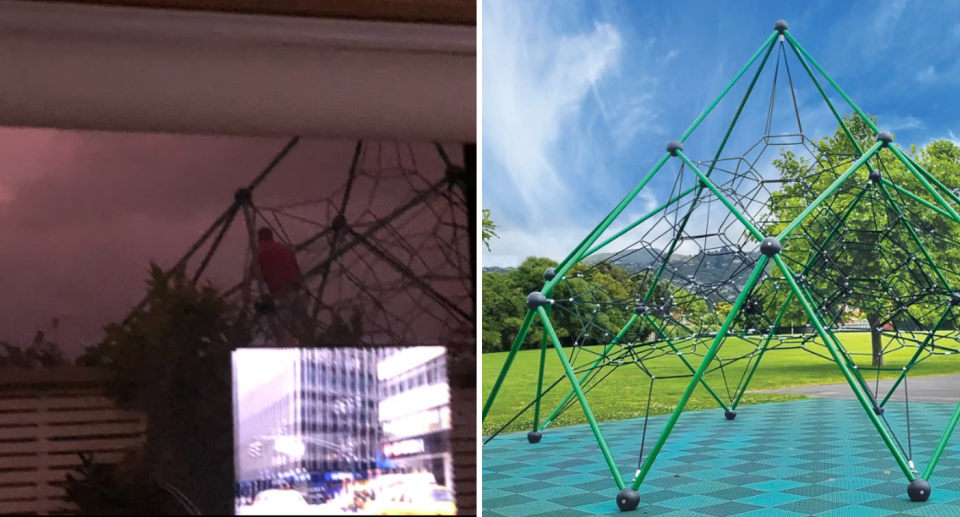 Left, a climber can be seen outside the window on the tower. Right, a clearer image of the climbing tower which has a web-like structure. 