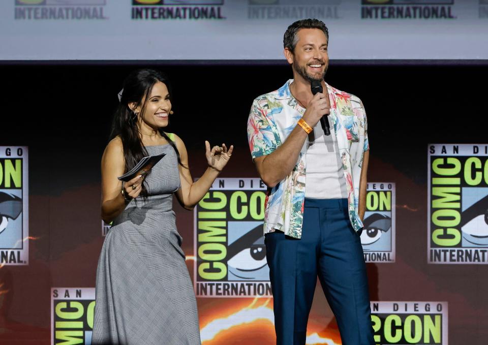 Tiffany Smith (left) and Zachary Levi talk up "Shazam: Fury of the Gods" at Comic-Con 2022.