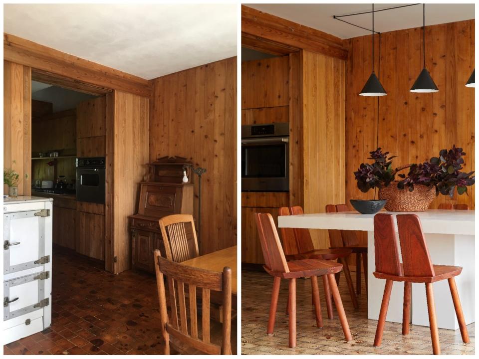On the right, an old dining room with a wooden table. On the right, an updated one with a cement white table, new lighting and Japanese inspired chairs (they're at an angle and have a slit down the middle).