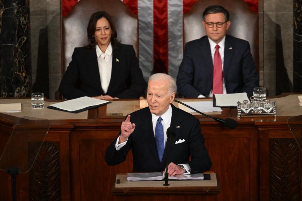 US President Joe Biden delivers the State of the Union address in the House Chamber of the US Capitol in Washington, DC, on March 7, 2024. (AFP via Getty Images)