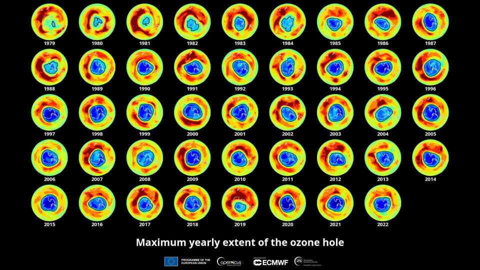 The evolution of the ozone hole over the past four decades.