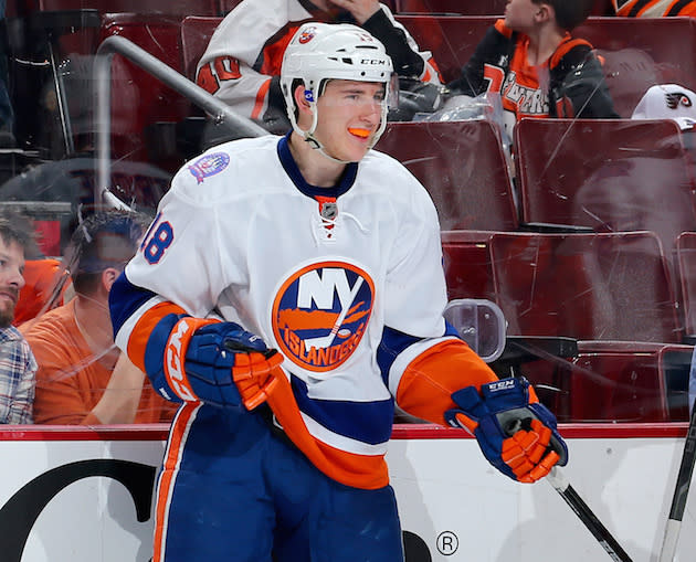 PHILADELPHIA, PA - APRIL 07: Ryan Strome #18 of the New York Islanders celebrates a goal in the third period against the Philadelphia Flyers on April 7, 2015 at the Wells Fargo Center in Philadelphia, Pennsylvania.The Philadelphia Flyers defeated the New York Islanders 5-4. (Photo by Elsa/Getty Images)