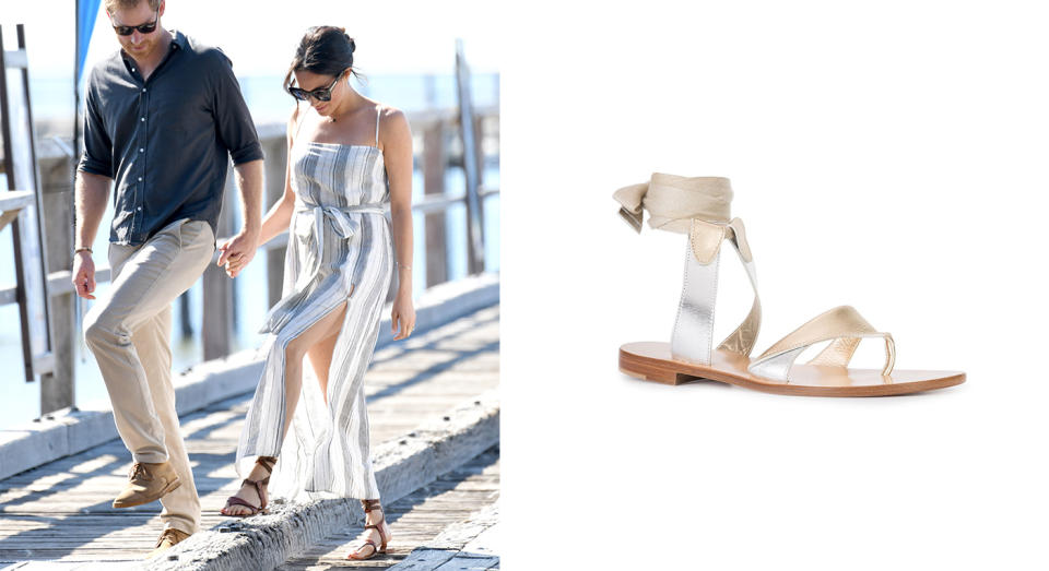 <p>For day seven of the Duke and Duchess of Sussex’s Australian royal tour, Meghan broke protocol in a thigh-split dress by Reformation. For those of you disappointed that the look has since sold out, look no further than Sarah Flint for the royal’s favourite sandals – they can be yours for £277. <a rel="nofollow noopener" href="https://www.farfetch.com/uk/shopping/women/sarah-flint-grear-sandals-item-11866604.aspx?clickref=1011l5GgVqpj&utm_source=skimlinks_phg&utm_medium=affiliate&utm_campaign=PHUK&utm_term=UKNetwork&pid=performancehorizon_int&c=skimlinks_phg&clickid=1011l5GgVqpj&af_siteid=305950&af_sub_siteid=1011l274&af_cost_model=CPA&af_channel=affiliate&is_retargeting=true" target="_blank" data-ylk="slk:Shop now" class="link "><strong>Shop now</strong></a>. <em>[Photo: Getty]</em> </p>