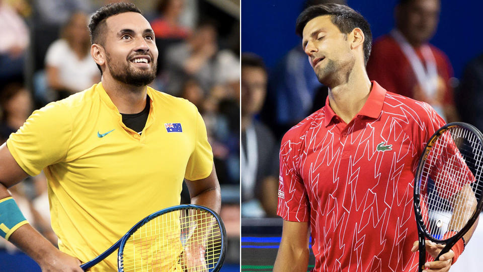 Nick Kyrgios (pictured left) smiling after a point and Novak Djokovic (pictured right) looking dejected.