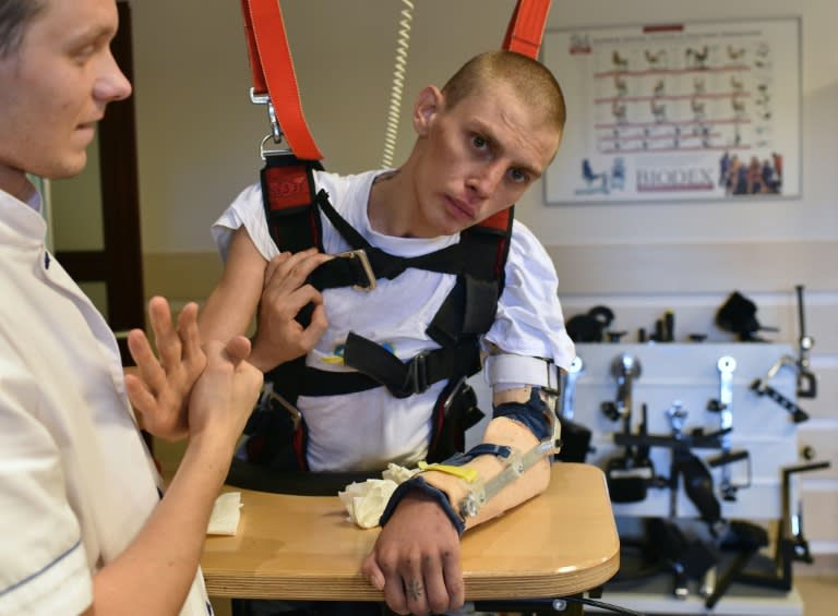 Former soldier Artur Galtsov undergoes physical therapy at a medical clinic in Brovary, Ukraine