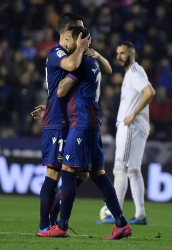 Levante's Jose Luis Morales celebrates scoring