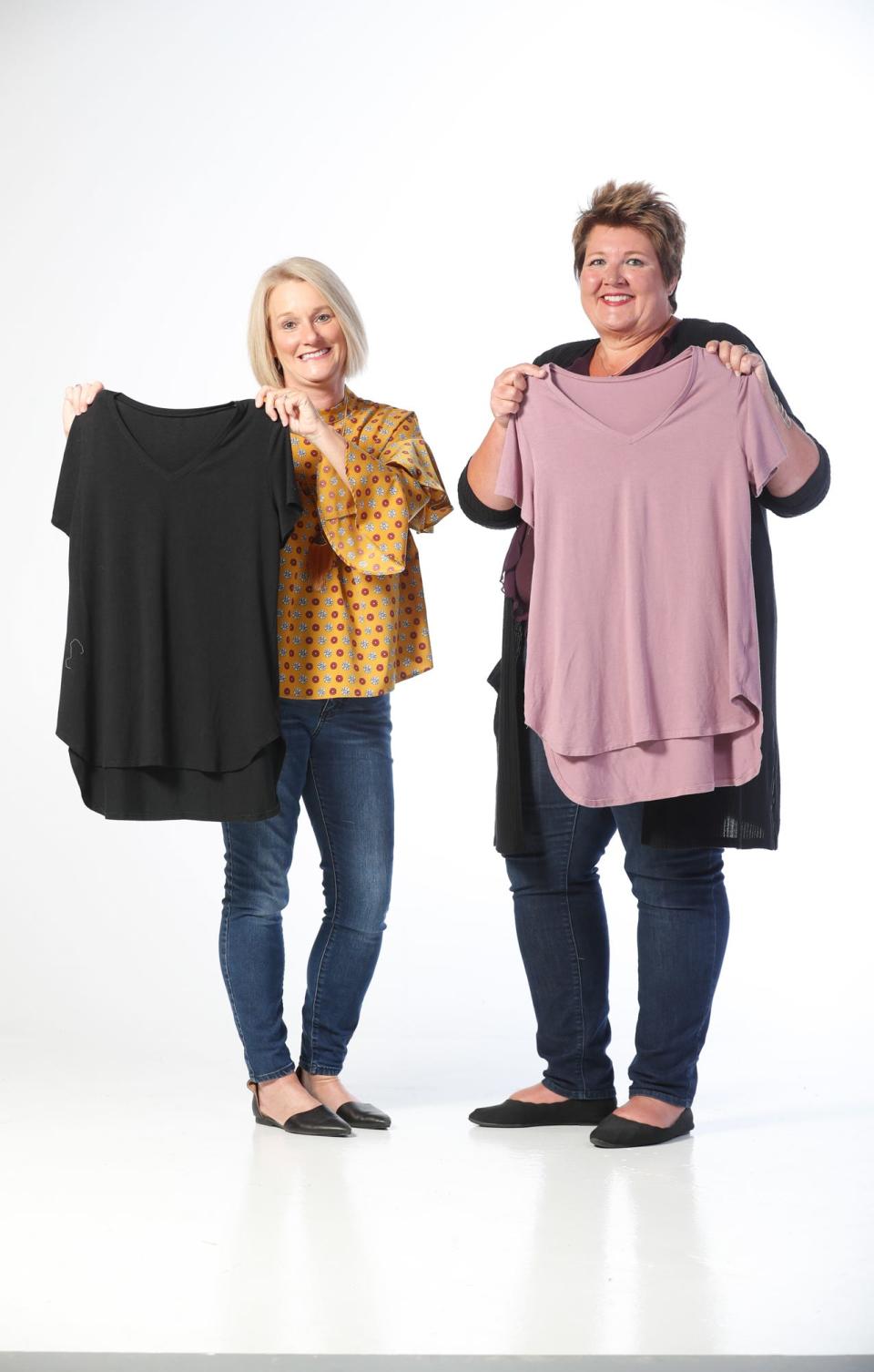 Cool Revolution co-founders, Mindy Ford, left, and Laura Musall, right, shown here on Wednesday, Aug. 28, 2019, have created a new product for women, pajamas for those who suffer from the symptoms of perimenopause and menopause, www.CoolRevolutionPJs.com. The duo created pajamas that are made from bamboo, which is naturally cooling, wicks away moisture, dries quickly and is naturally anti-bacterial so that it won’t smell. 