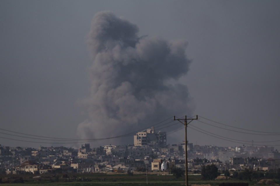 Smoke rises following an Israeli bombardment in the Gaza Strip, as seen from southern Israel, Monday, Jan. 8, 2024. (AP Photo/Leo Correa)