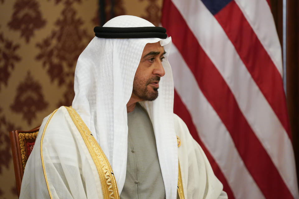 Abu Dhabi's Crown Prince Mohammed bin Zayed Al Nahyan sits during a meeting with US President Joe Bide Saturday, July 16, 2022, in Jeddah, Saudi Arabia. (AP Photo/Evan Vucci)