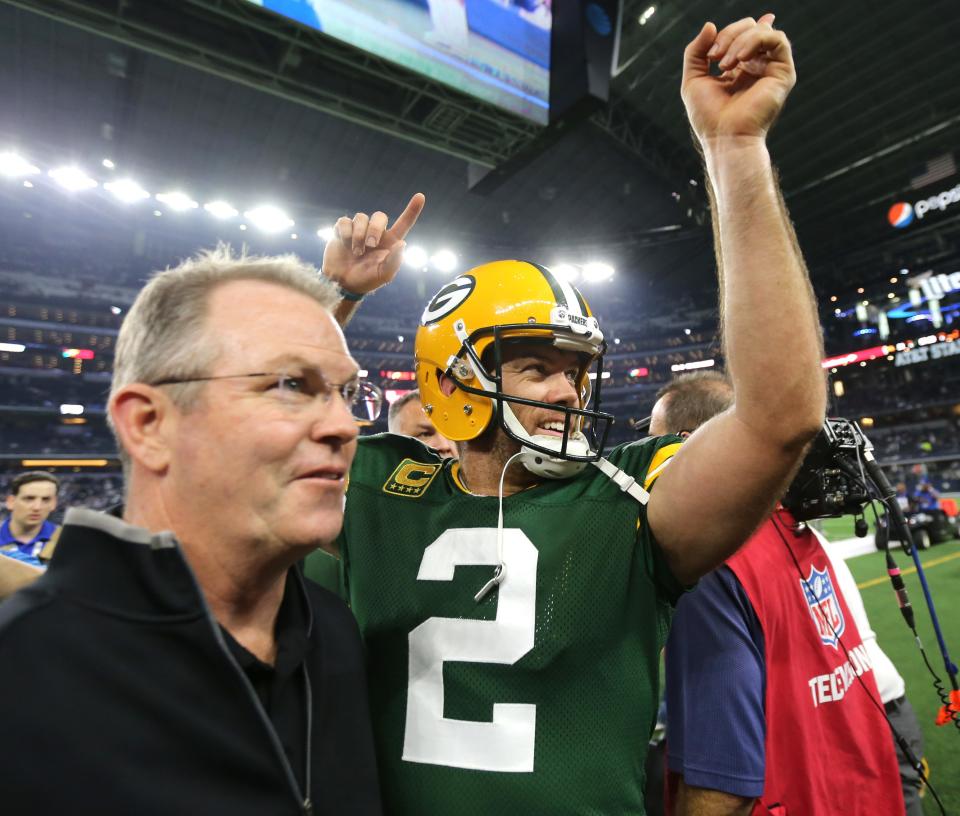 Mason Crosby celebrates as he walks off the field at AT&amp;T Stadium on Jan. 15, 2017, after making a 51-yard game-winning field goal to give the Packers a 31-28 win over the Dallas Cowboys in the NFC divisional playoff game.