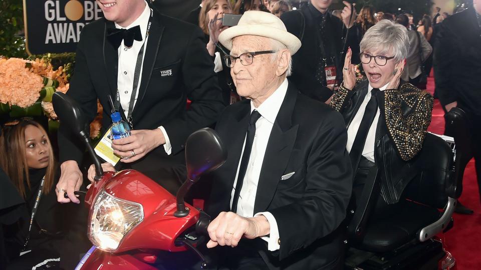 <p>Still rolling at the age of 95 in 2018, <a href="https://people.com/tv/golden-globes-2018-norman-lear-rita-moreno-red-carpet-scooter/" rel="nofollow noopener" target="_blank" data-ylk="slk:Lear arrived on the Golden Globe Awards red carpet;elm:context_link;itc:0;sec:content-canvas" class="link ">Lear arrived on the Golden Globe Awards red carpet</a> with Moreno by moped. </p>