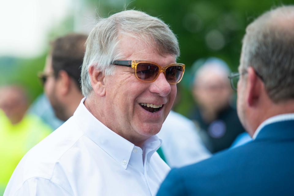 Tennessee State Senator Ed Jackson shares a laugh during Governor Bill Lee's Jackson Transportation Tour Stop at 1155 Rushmeade Road on Monday, Jun. 5, 2023. 