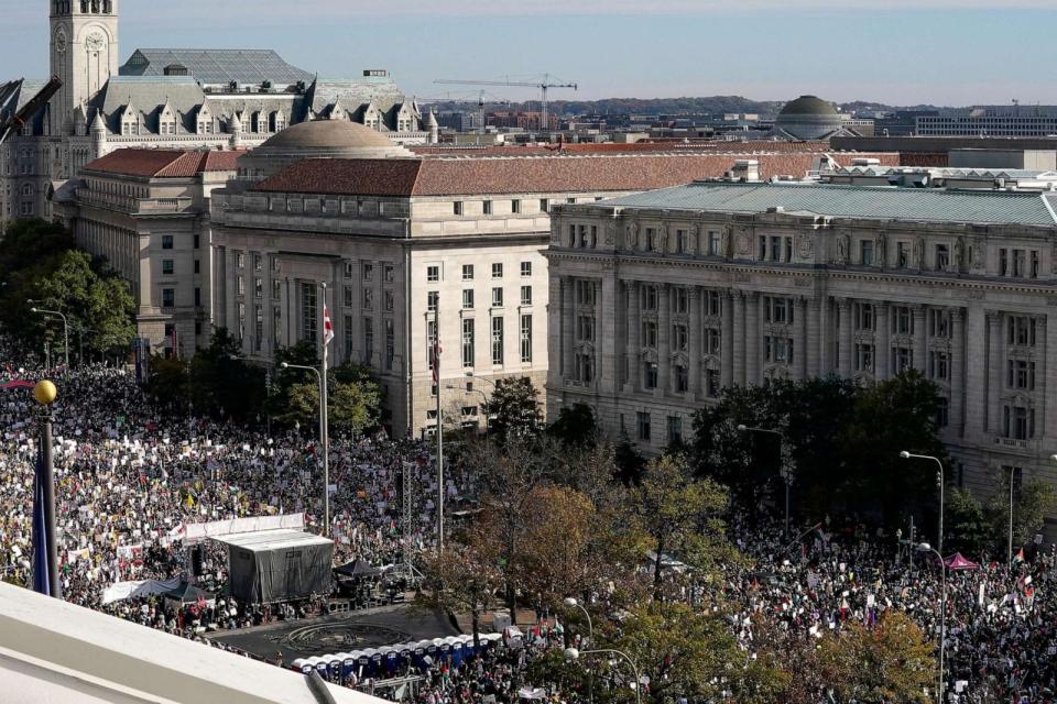 PHOTO: Demonstrators rally in support of Palestinians amid the ongoing conflict between Israel and Hamas, at Freedom Plaza in Washington, D.C., on Nov. 4, 2023. (Elizabeth Frantz/Reuters)