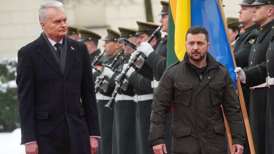 Lithuania's President Gitanas Nauseda and Ukraine's President Volodymyr Zelenskiy attend a welcoming ceremony in Vilnius, Lithuania January 10, 2024. - Ints Kalnins/Reuters