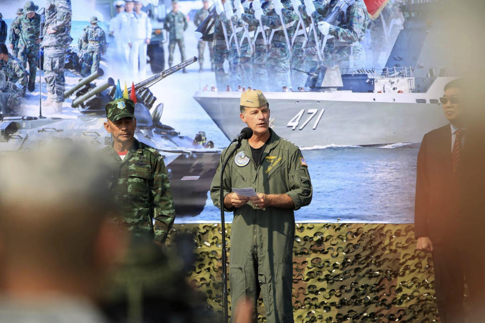 In this photo release by Royal Thai Army, Commander of the United States Indo-Pacific Command Admiral John Aquilino, center, speaks during opening ceremony of Cobra Gold 2023 in Rayong Province Thailand, Tuesday, Feb. 28, 2023. Thai and U.S. officials presided over the opening ceremony Tuesday of Cobra Gold 2023, one of the biggest joint multilateral military exercises in the world that pulls together the security interests of the United States and six Asian nations. (Royal Thai Army via AP)