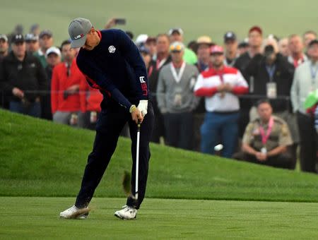 Sep 30, 2016; Chaska, MN, USA; Jordan Spieth of the United States plays his shot from the fairway on the first hole in the morning foursome matches during the 41st Ryder Cup at Hazeltine National Golf Club. Mandatory Credit: John David Mercer-USA TODAY Sports