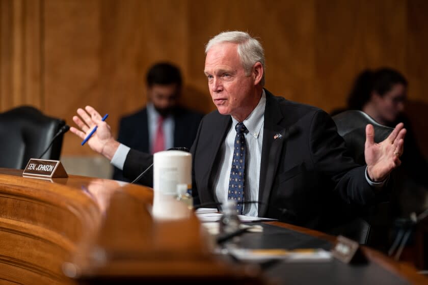 WASHINGTON, DC - JULY 15: Sen. Ron Johnson (R-WI) gestures while asking questions during a Homeland Security and Governmental Affairs hearing to examine the nominations of Robert Luis Santos, to be Director of the Census, Department of Commerce, and Ed Gonzalez, to be an Assistant Secretary of Homeland Security in a Senate Office Building on Thursday, July 15, 2021. (Kent Nishimura / Los Angeles Times)