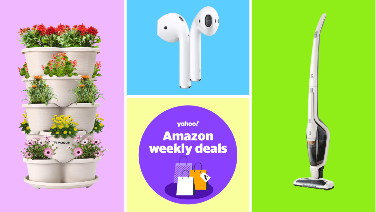 a tiered flower garden, Apple AirPods, Electrolux stick vacuum and a purple circle that reads: Yahoo! Amazon weekly deals, all on a colorful background