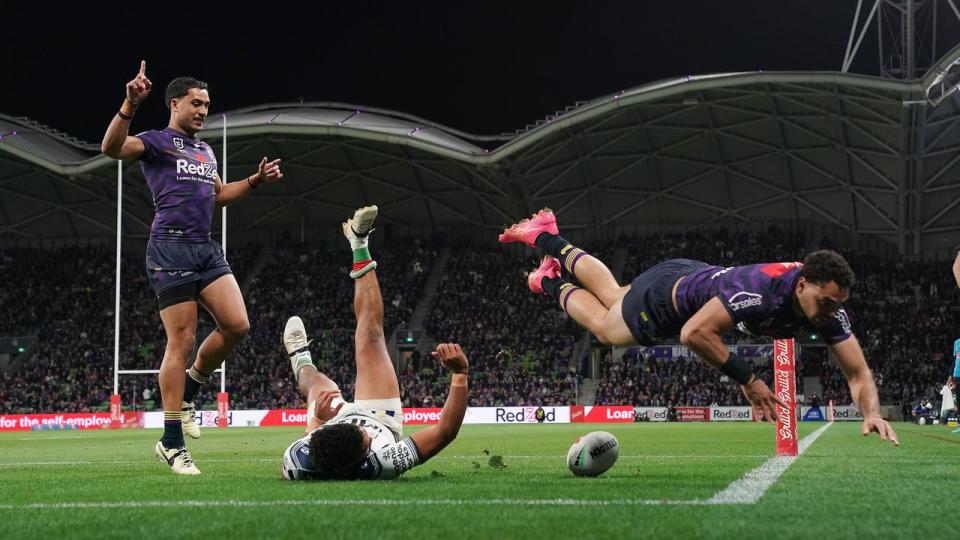 The Storm's Xavier Coates scores a try