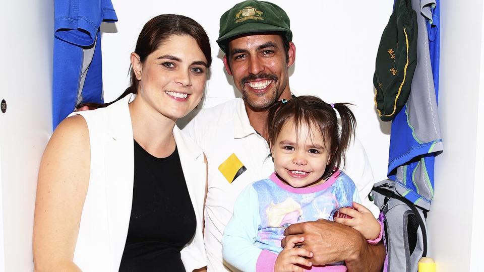 Mitchell Johnson, pictured here with wife Jessica and daughter Rubika after his final Test match in 2015.