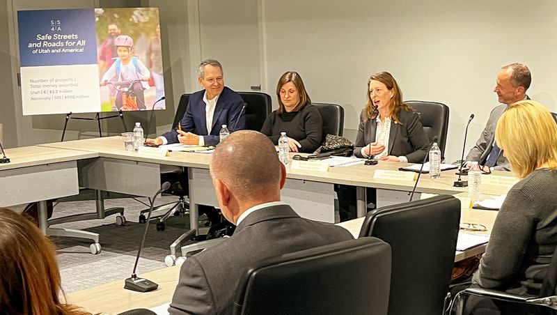 Federal Motor Carrier Safety Administrator Robin Hutcheson, third from left, speaks at a multimodal transportation safety roundtable event at the Wasatch Front Regional Council office in Salt Lake City, Monday.