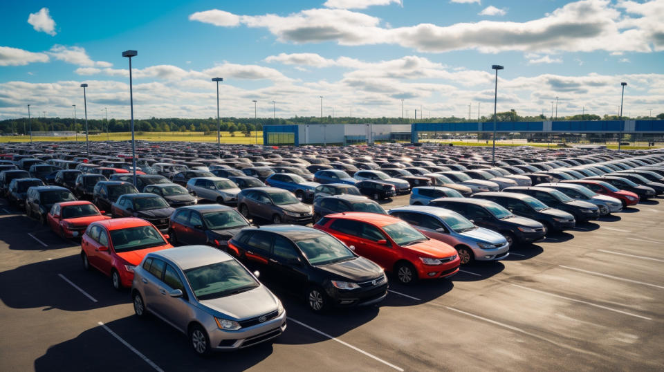 A convoy of vehicles in a large parking lot, showing the myriad of leasing and rental services offered.