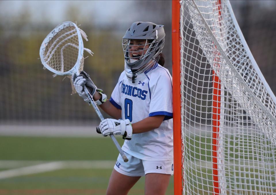 Bronxville goalie Olivia Shinsato (0) working the the net during their 16-7 win over Suffern in girls lacrosse action at Haindl Field in Eastchester on Friday, April 22, 2022.