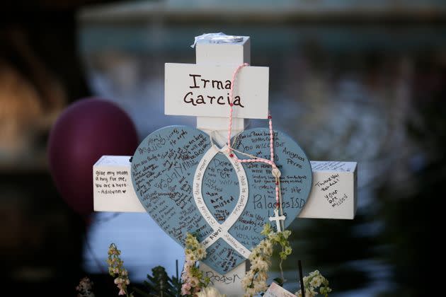 Irma Garcia's cross stands at a memorial site for the victims killed in the shooting at Robb Elementary School in Uvalde, Texas. (Photo: via Associated Press)