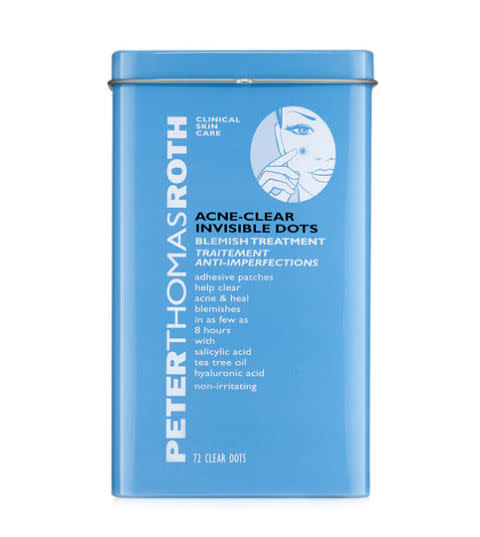 <p>Acne-Clear Invisible Dots, $30 for 72 dots, <a rel="nofollow noopener" href="https://www.peterthomasroth.com/Product/Acne%20and%20blemishes/ACNE-CLEAR%20INVISIBLE%20DOTS/1701003/each" target="_blank" data-ylk="slk:peterthomasroth.com;elm:context_link;itc:0;sec:content-canvas" class="link "><u>peterthomasroth.com</u></a>.</p>