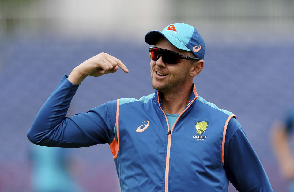 Australia's Josh Hazlewood during a nets session at Emirates Old Trafford, Manchester, England, Monday, July 17, 2023. (Mike Egerton/PA via AP)