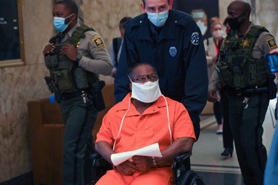 Kevin Strickland is escorted to the elevator after an evidentiary hearing regarding his innocence on Wed., Nov 10, 2021 in Jackson County Circuit Court in Kansas City. Strickland has been incarcerated for the past 43 years for a triple murder many people, including Jackson County Prosecutor Jean Peters Baker, believe he did not commit.