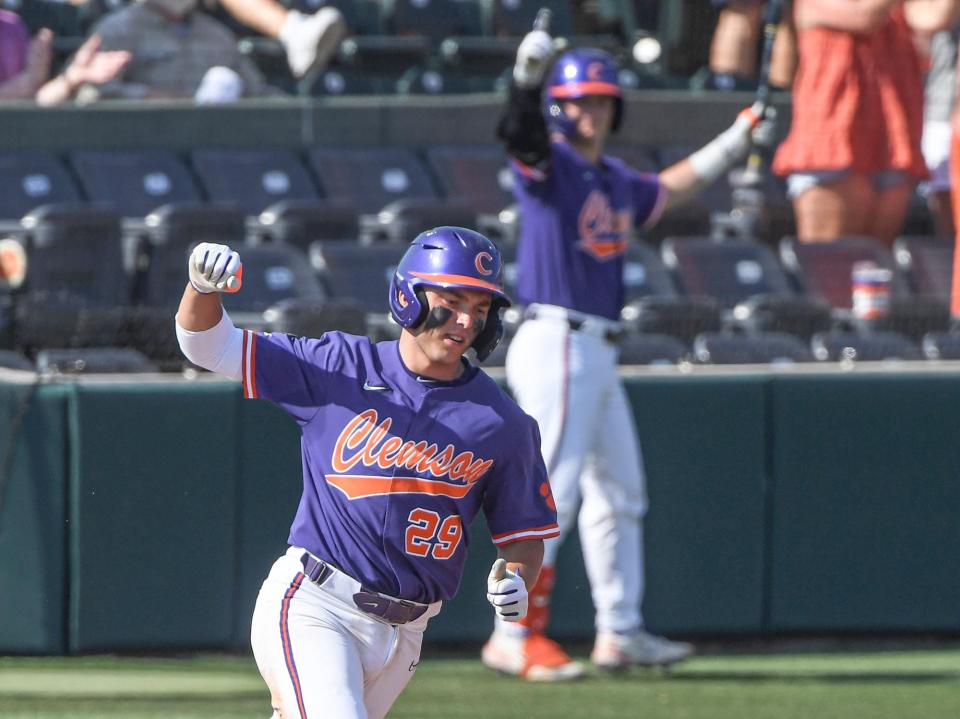 Clemson sophomore Max Wagner (29) hits a three-run home run against Boston College during the bottom of the seventh inning May 20 at Doug Kingsmore Stadium in Clemson.