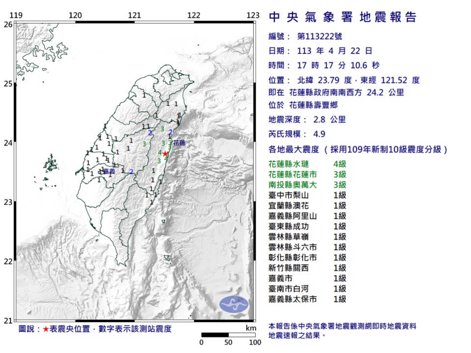 花蓮連續地震第五震（圖取自中央氣象署網站）