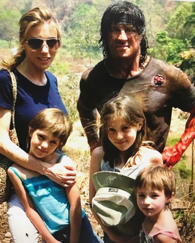 Throwback photo taken on the set of Rambo with wife Jennifer Flavin and daughters Sophia, Sistine, and Scarlet. (Instagram)