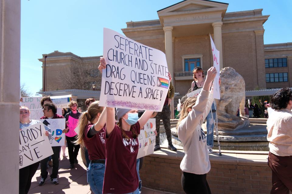 More than 50 protesters at West Texas A&M University gathered Tuesday on campus in response to the university's president canceling an on-campus drag show in Canyon.