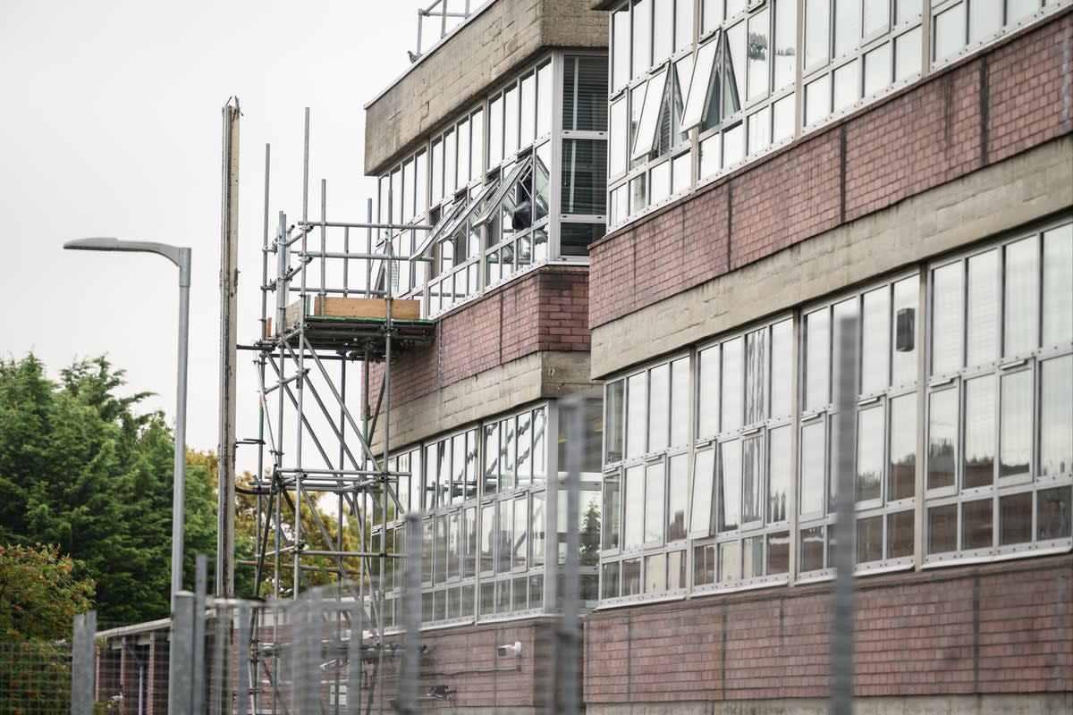 Scaffolding is seen outside classrooms as repair work continues at Hornsey School for Girls  (Getty Images)
