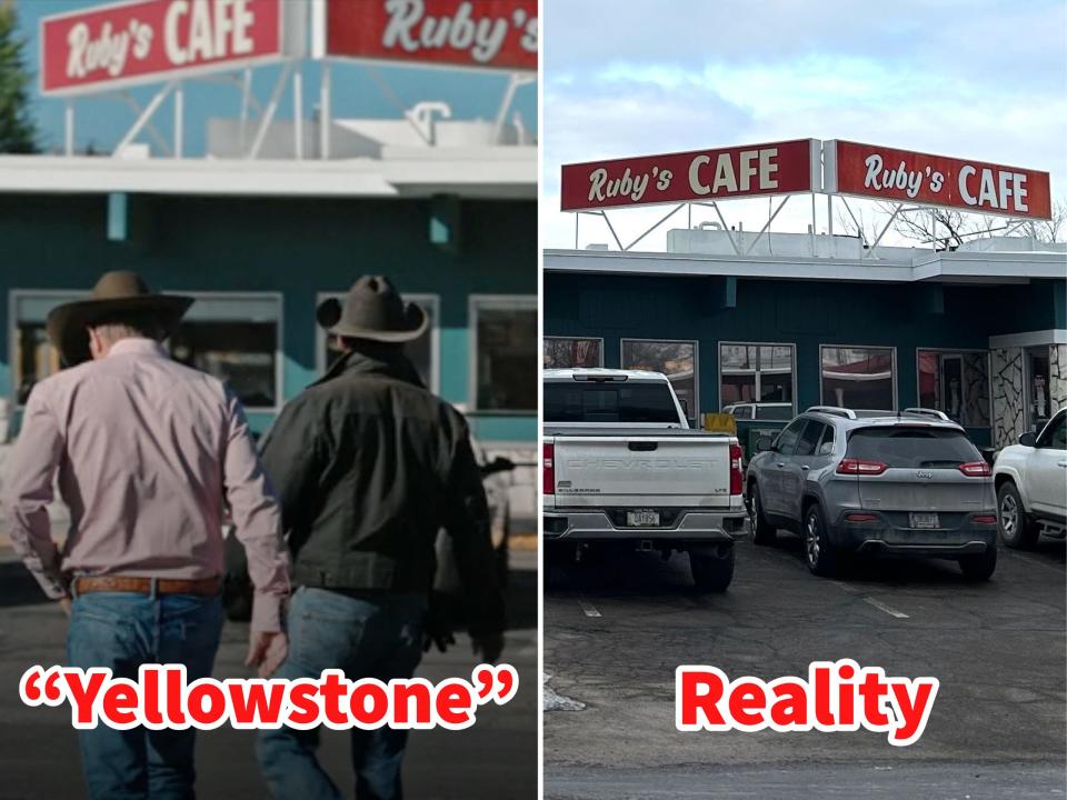 Side-by-side photos of Ruby's Cafe in "Yellowstone" and in real life.