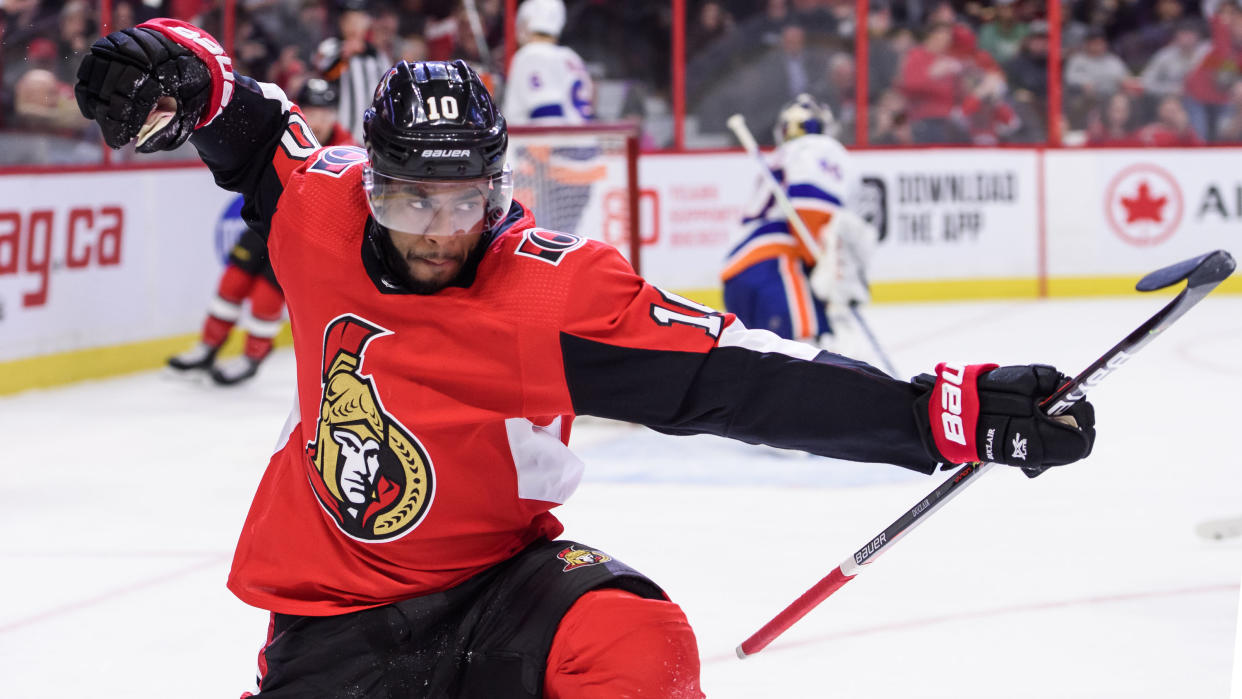 OTTAWA, ON - MARCH 05: Ottawa Senators Left Wing Anthony Duclair (10) celebrates after scoring a second period goal against the New York Islanders during the NHL game on March 05, 2020 at the Canadian Tire Centre in Ottawa, Ontario, Canada. (Photo by Steven Kingsman/Icon Sportswire via Getty Images)