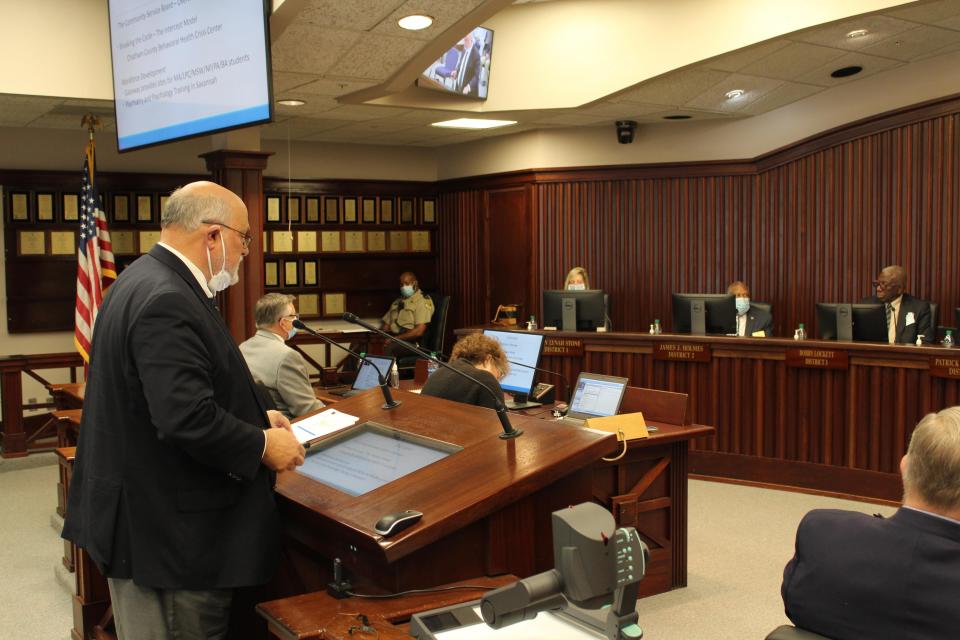 Dr. Mark Johnson, CEO of the Savannah-based Gateway Community Services Board, addresses the Chatham County Commission on Friday, June 12.