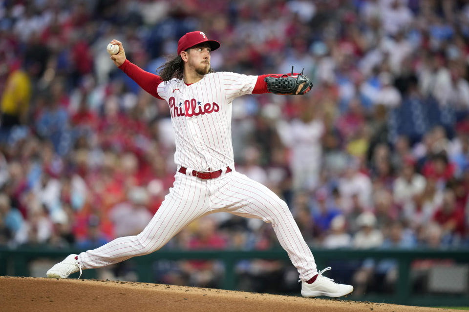 Philadelphia Phillies' Michael Lorenzen pitches during the second inning of a baseball game against the Los Angeles Angels, Tuesday, Aug. 29, 2023, in Philadelphia. (AP Photo/Matt Slocum)