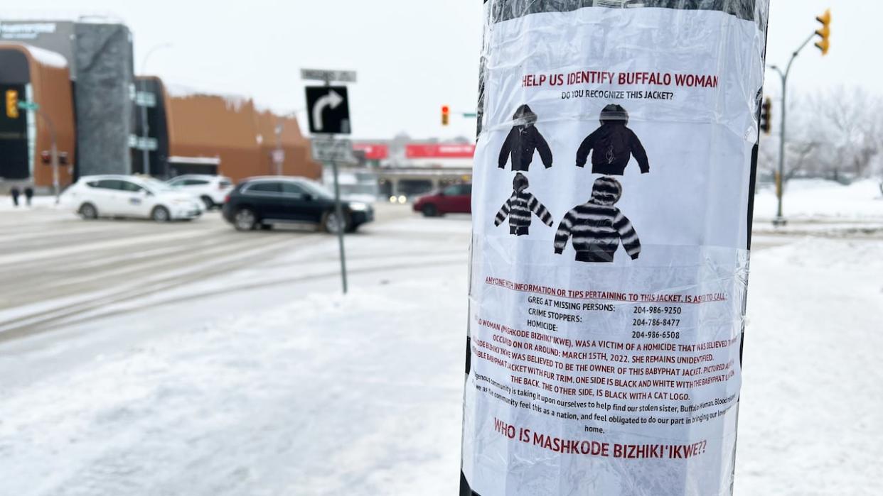 A poster on a light pole on Winnipeg's Main Street in January 2023 reads, 'Who is Mashkode Bizhiki'ikwe?' and 'Help Us Identify Buffalo Woman.' The poster shows a Baby Phat-brand jacket, like the one police believe she wore. (Travis Golby/CBC - image credit)