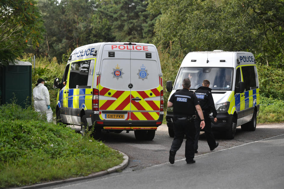 Police at a caravan site near Burghfield Common in Berkshire, after the death of Thames Valley Police officer Pc Andrew Harper, 28, following a "serious incident" at about 11.30pm on Thursday near the A4 Bath Road, between Reading and Newbury, at the village of Sulhamstead in Berkshire.