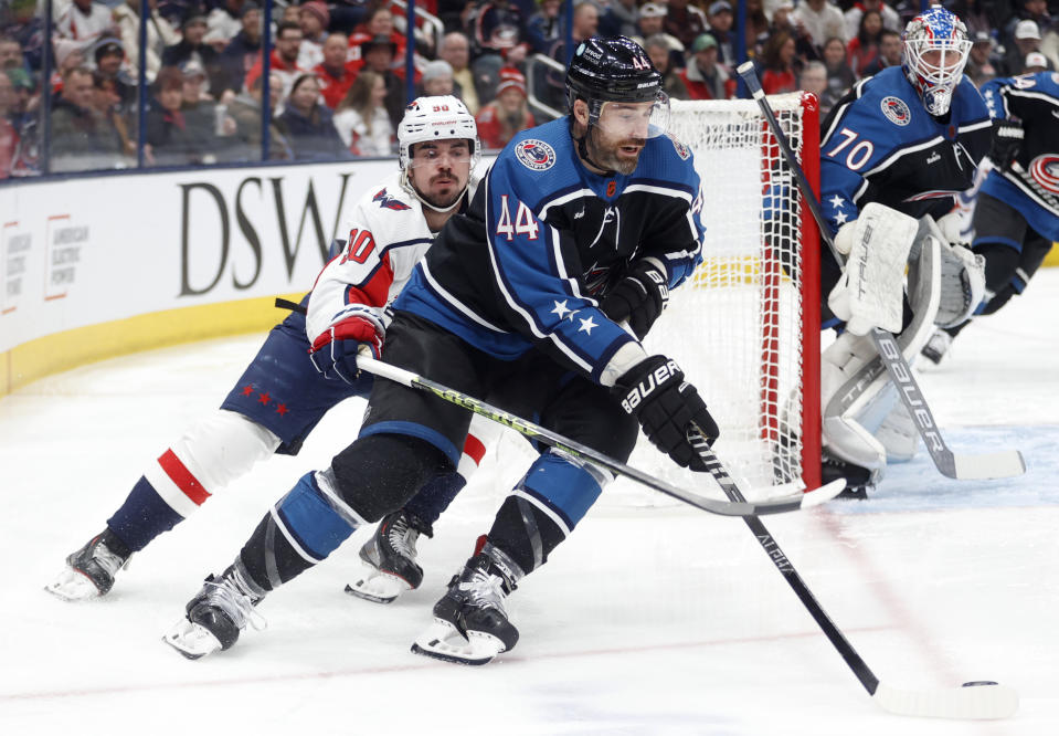 Columbus Blue Jackets defenseman Erik Gudbranson, right, controls the puck in front of Washington Capitals forward Marcus Johansson during the first period of an NHL hockey game in Columbus, Ohio, Tuesday, Jan. 31, 2023. (AP Photo/Paul Vernon)