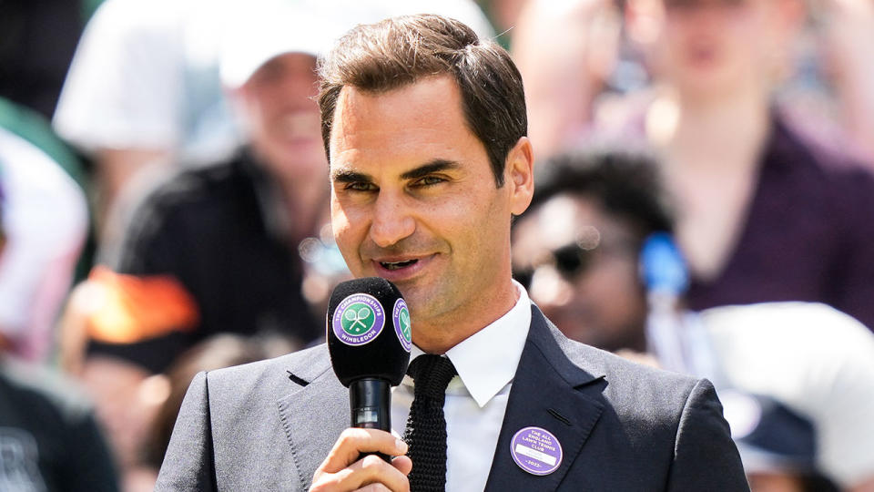 Roger Federer is pictured here addressing the crowd at Wimbledon in 2022.