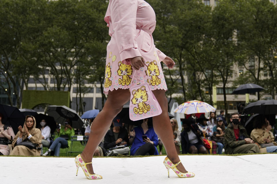 The Moschino collection is modeled during New York Fashion Week, Thursday, Sept. 9, 2021. (AP Photo/Mary Altaffer)