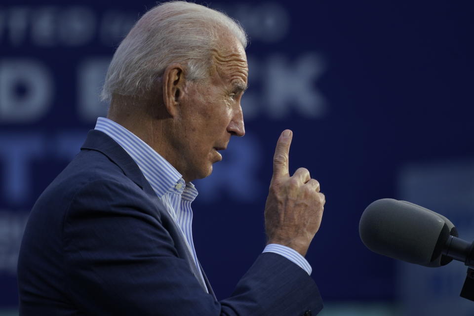 Democratic presidential candidate former Vice President Joe Biden speaks at the Plumbers Local Union No. 27 training center, Saturday, Oct. 10, 2020, in Erie, Pa. (AP Photo/Carolyn Kaster)