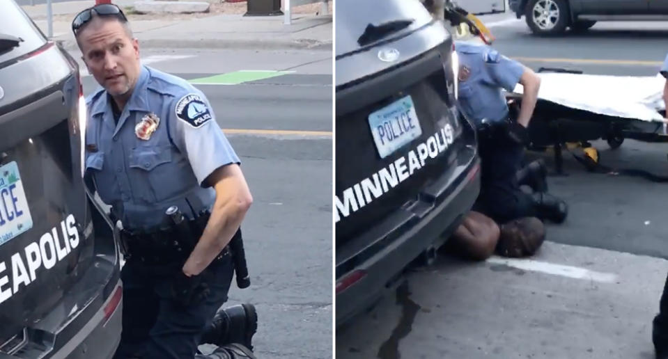 Minneapolis police officer Derek Chauvlin is seen kneeling on the neck of George Floyd, 46.