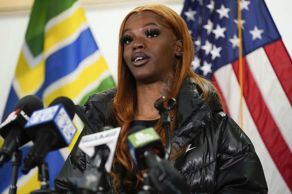 <p>AP Photo/Jenny Kane</p> Majiah Washington speaking at news conference in Portland on Thursday